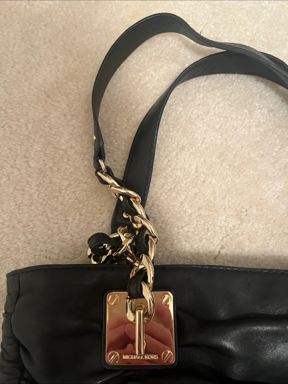 Michael Michael Kors Black Ruched Leather Shoulder Bag with Gold Accents